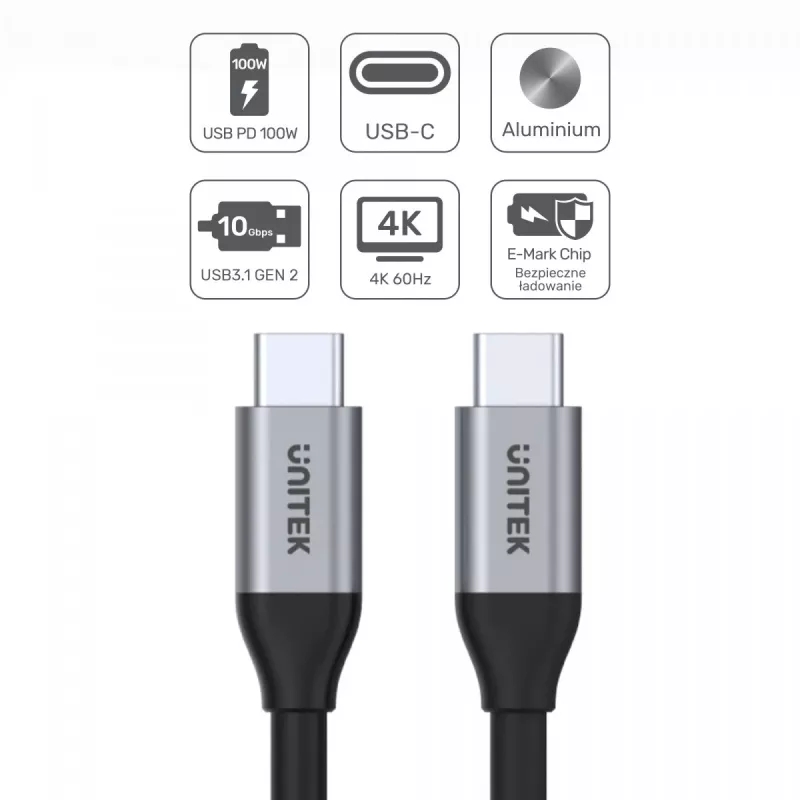 Cable de datos y carga USB-C a USB-C Unitek C14082ABK 1 m, USB 3.2 Gen 2 (10 Gbit/s), 100 W PD, Negro
