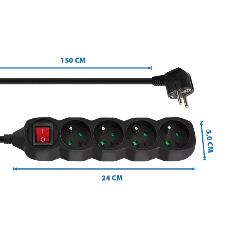 Alargador ESPERANZA ELK212K — cable de 1,5 m, 4 tomas tipo E, interior, negro