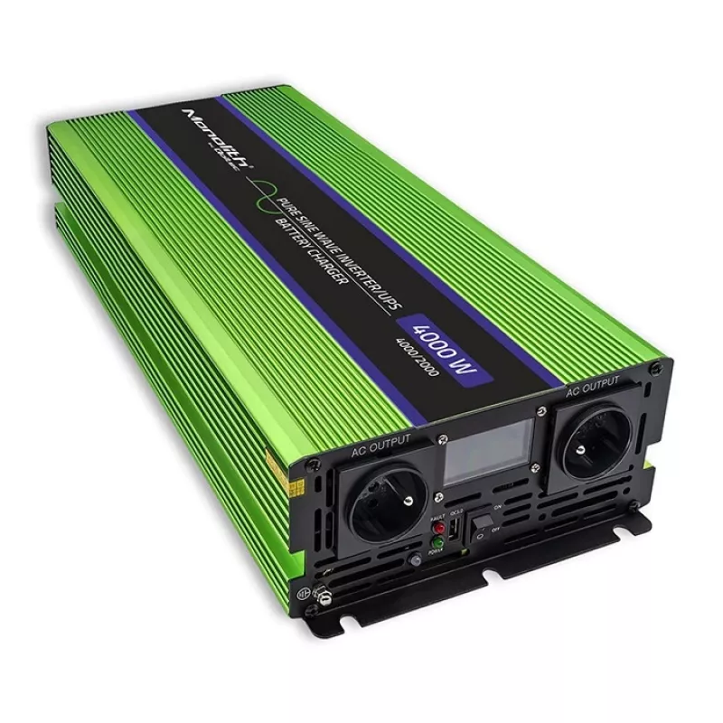 Qoltec Monolith Convertidor de tensión | Carga de batería | SAI | 2000W | 4000W | 12V a 230V | Onda senoidal pura | LCD negro-verde