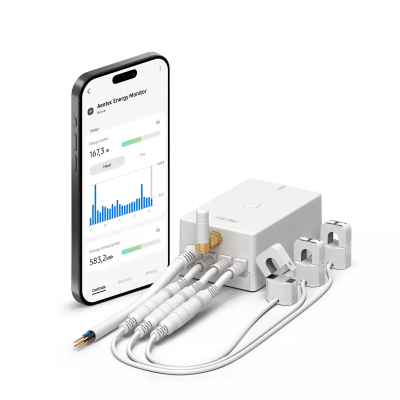 Medidor de energía AEOTEC AEOEZWA046C3A60 — tres pinzas 60 A con Z-Wave para monitorización monofásica o trifásica