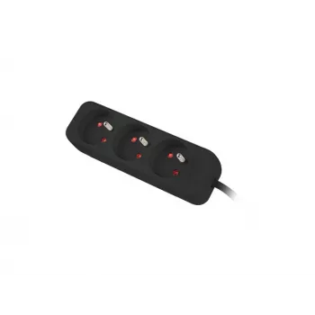 Regleta de enchufes 1,5 m, negra, 3 enchufes, cable de cobre macizo