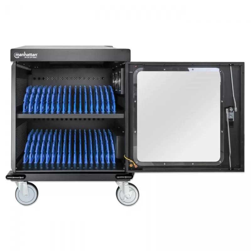 Carro de carga/ carrito para portátiles Manhattan con adaptador de CA (UE) 32 compartimentos, instale el adaptador de CA (cable de alimentación) del dispositivo en el dispositivo, apto para TODOS los portátiles (hasta 15,6