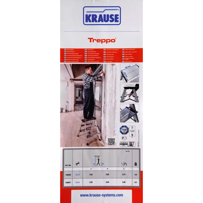 Escalera de tijera Krause 126030 — aluminio 3 peldaños, altura máxima 65 cm, 6.1 kg, ancho 500 mm