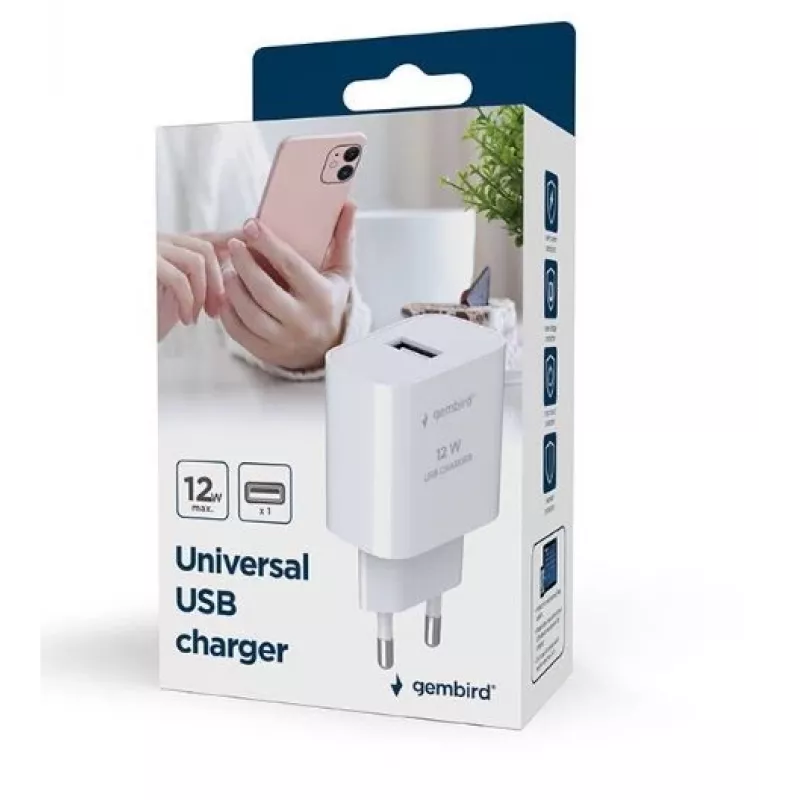 Cargador para dispositivos móviles GEMBIRD TA-UC-1A12-01 5V 2.4A 12W USB PD, 1 conector, blanco