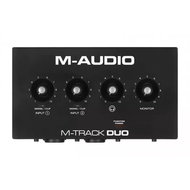 Interfaz de audio M-Audio M-Track Duo — USB 2-in/2-out, 16-bit/48 kHz, 1x XLR/TS combo, 1x entrada de instrumento, alimentación fantasma 48V