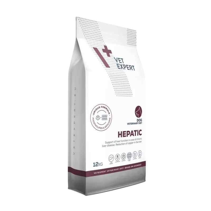 Pienso para perros VETEXPERT Veterinary Diet Hepatic 12 kg — alimentación dietética para el soporte hepático, sabor a carne, para perros adultos de 10–15,9 kg