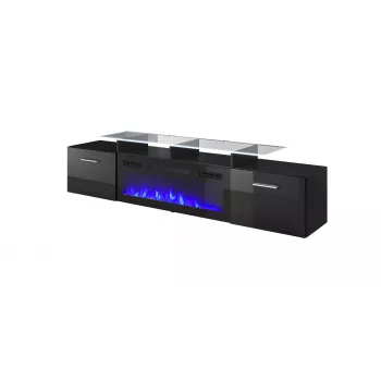 Mueble TV Cama Meble ROVA con chimenea eléctrica, 190x37x48 cm, negro/negro brillante