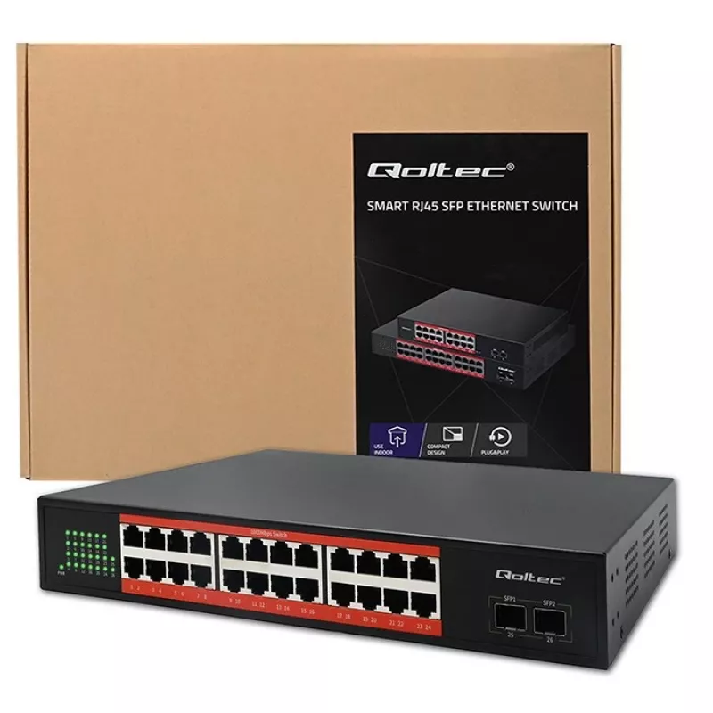 Switch de red QOLTEC Gigabit Ethernet PoE 24xRJ45 2xSFP