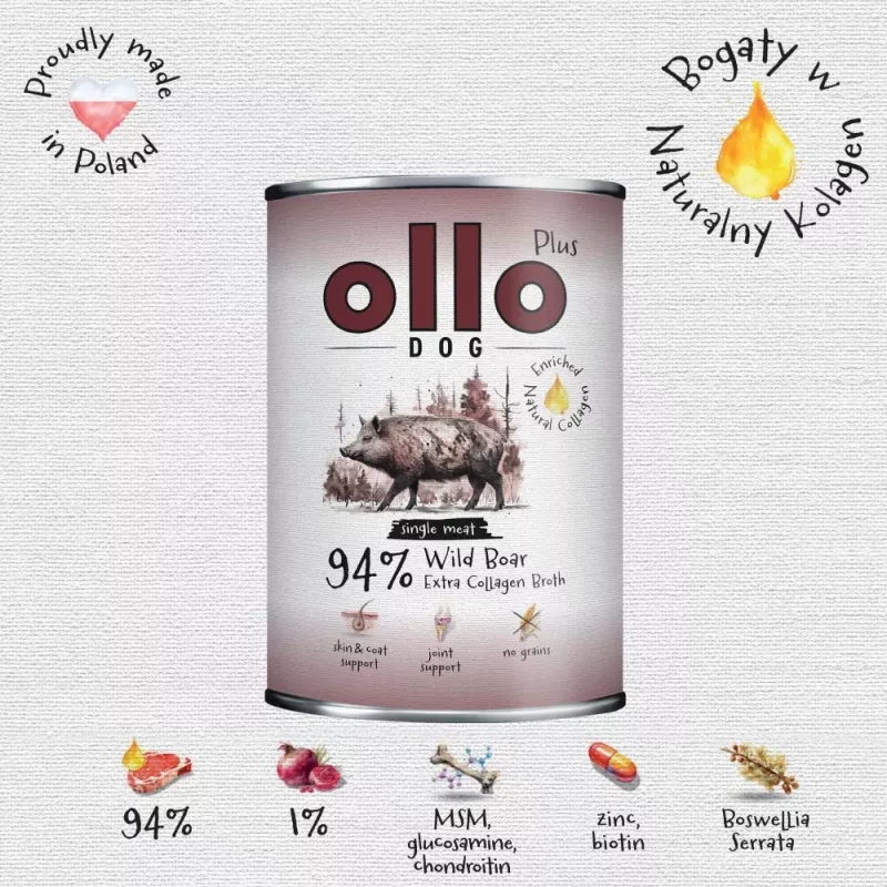 Ollo Plus Colágeno Jabalí 400 g Lata de comida para perros
