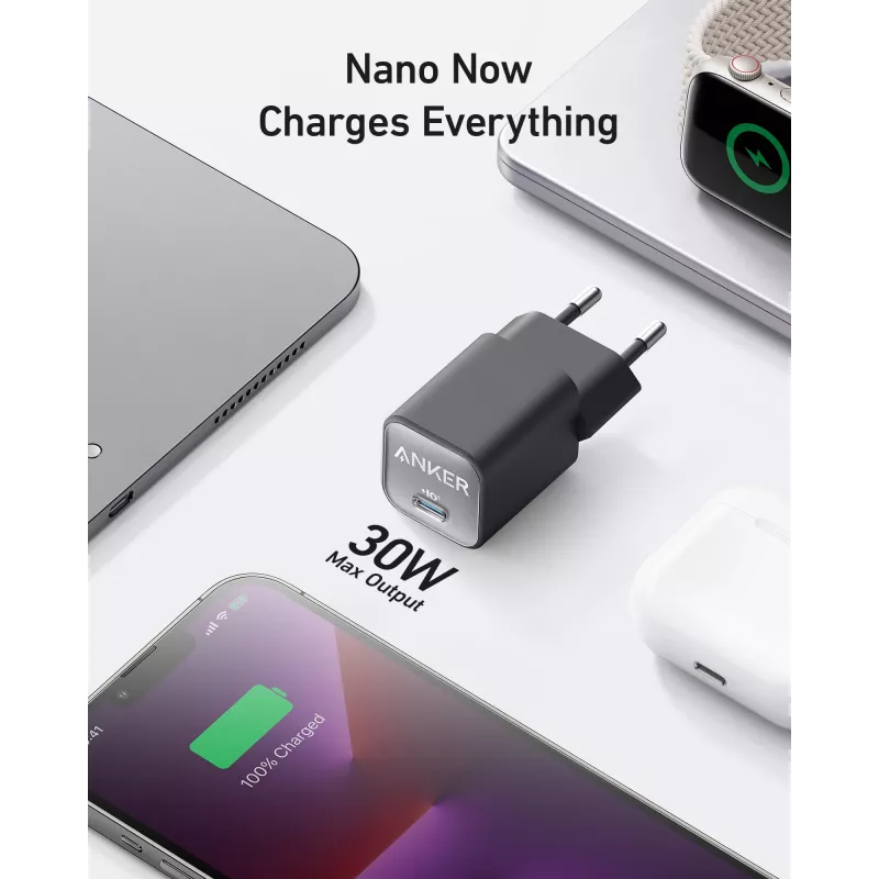 Cargador de CA para interiores Anker 511 Nano 3 — 30W, 1× USB-C, 100–240V, negro
