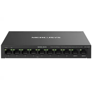 Switch de red MERCUSYS MS110CMP — 8 puertos PoE, 10 puertos Gigabit RJ-45 en total, presupuesto PoE de 115 W, montaje en sobremesa/pared, negro
