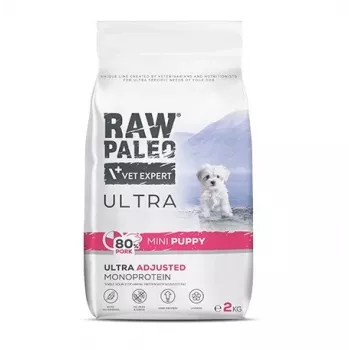 Comida seca VETEXPERT RAW PALEO Ultra Mini Puppy Pork 2 kg — alimento completo para cachorros de razas pequeñas y miniatura, 33 % proteína, 19 % grasa