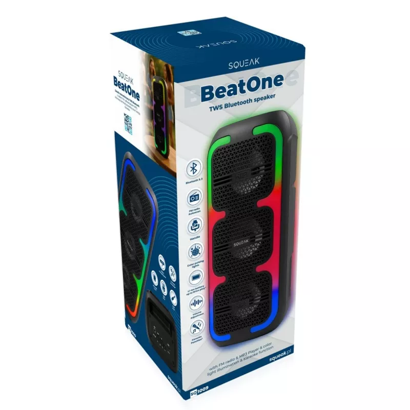 Altavoz estéreo portátil SQUEAK SQ1009 – Bluetooth 5.3, 45 W RMS, 10 h de autonomía, FM, USB, AUX, LED, 1800 mAh, negro