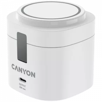 Estación de carga inalámbrica 4 en 1 Canyon, máx. 30 W, tamaño: 70x70x70,3 mm, peso: 414 g, con fuente de alimentación de 65 W y cable de 1 m, blanca