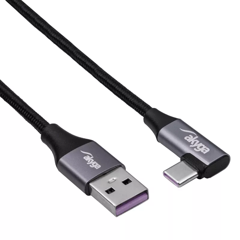 Akyga AK-USB-58 Cable USB-C a USB-A en ángulo, 30 cm, 60 W, trenzado, Negro