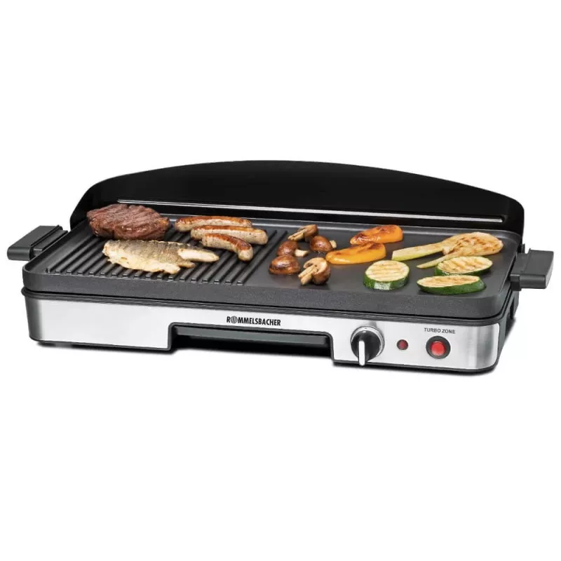 Parrilla eléctrica de mesa Rommelsbacher BBQ 2003 — 1900 W, 50×25 cm, estriada + teppanyaki, termostato continuo, plateado/negro
