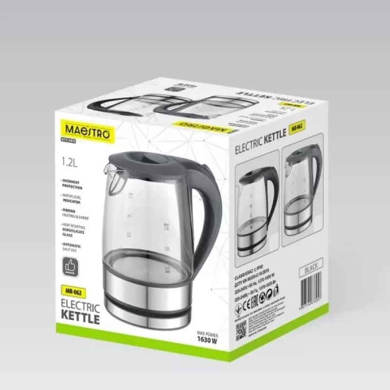 Maestro MR-062-BLACK hervidor eléctrico de cristal, 1630 W, 1,2 L