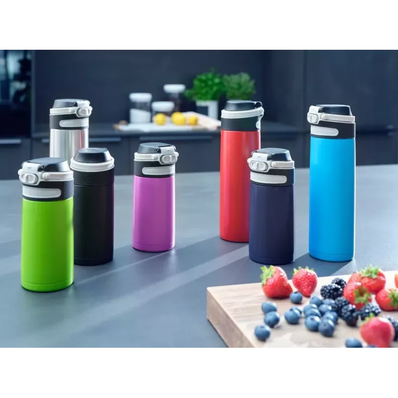 Vaso térmico Leifheit 03245 acero inoxidable 350 ml, doble pared, a prueba de fugas, tapa abatible, negro/rojo