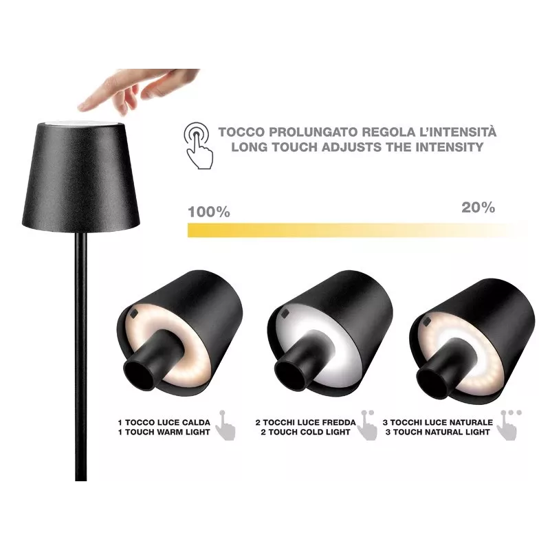 Beper P201UTP118 lámpara de mesa LED recargable, 1,5 W, interruptor táctil, regulable, adaptador para botella de 33 mm, resistente al agua, negra