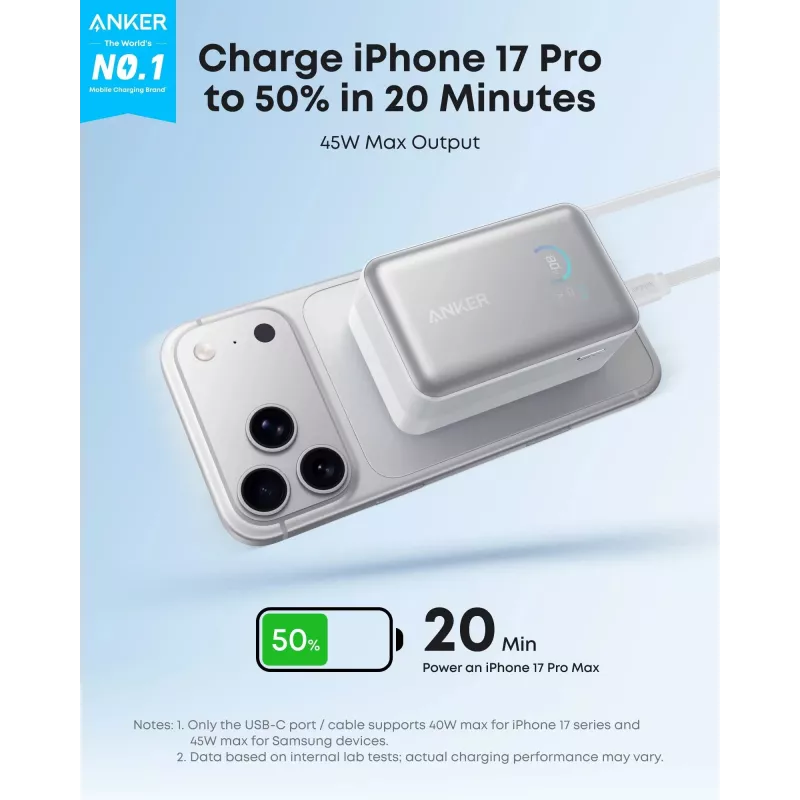 Batería externa Anker A1638 10000 mAh, 45 W de potencia de salida total, Blanco, cable USB-C retráctil integrado