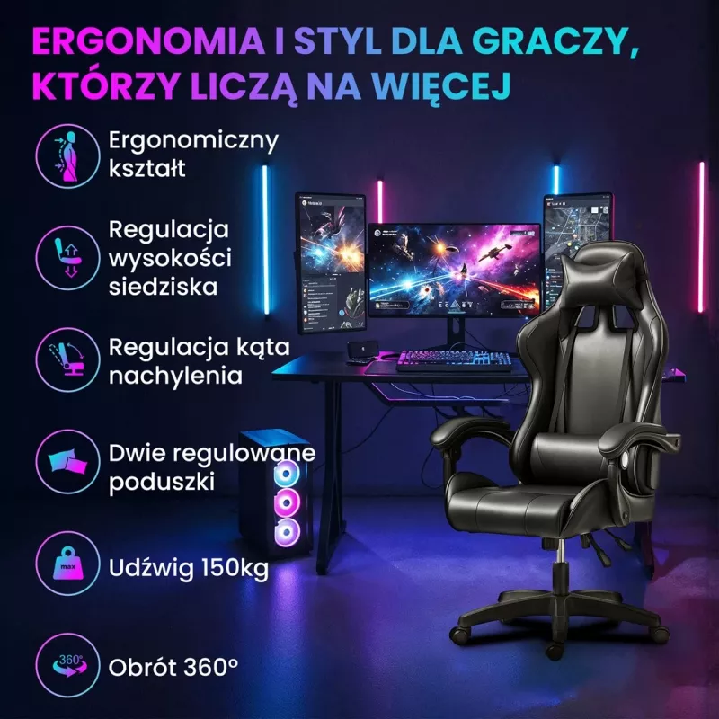 Extralink Gaming | Silla gaming | Oficina, giratoria, asiento envolvente, negra, G-524