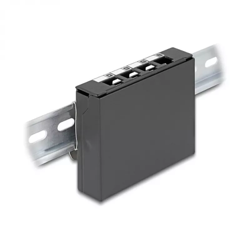 Tapa ciega DELOCK de 4 puertos para módulos Keystone RJ, negra, metal — montaje en mesa/pared/carril DIN