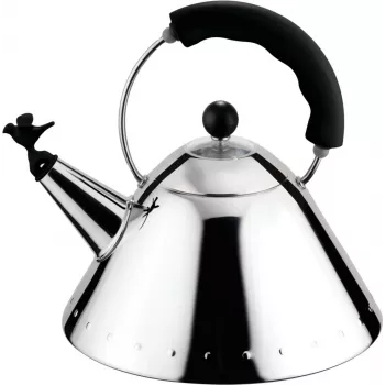 Alessi 9093 B Hervidor con asa, acero inoxidable, silbato en forma de pájaro de PA negro