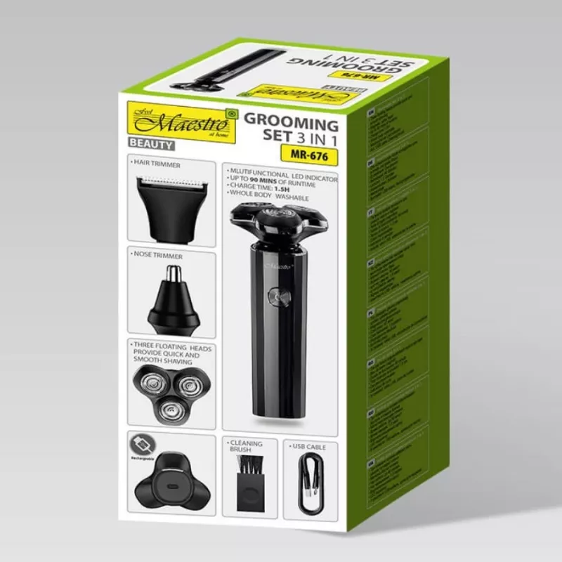 Set de afeitado Maestro MR-676 3 en 1 USB recargable diseño compacto