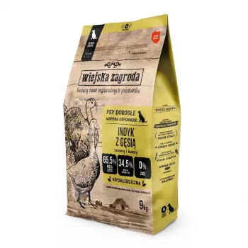 Comida seca para perros wiejskazagroda Pavo con Ganso M 9 kg — mantenimiento adulto, razas medianas, 31 % proteína, 20 % grasa, sin gluten