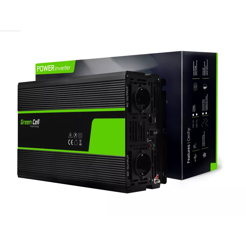 Inversor para coche Green Cell INV22 — 1500 W, 12 V DC a 230 V AC, 50 Hz, LED, refrigeración activa, negro