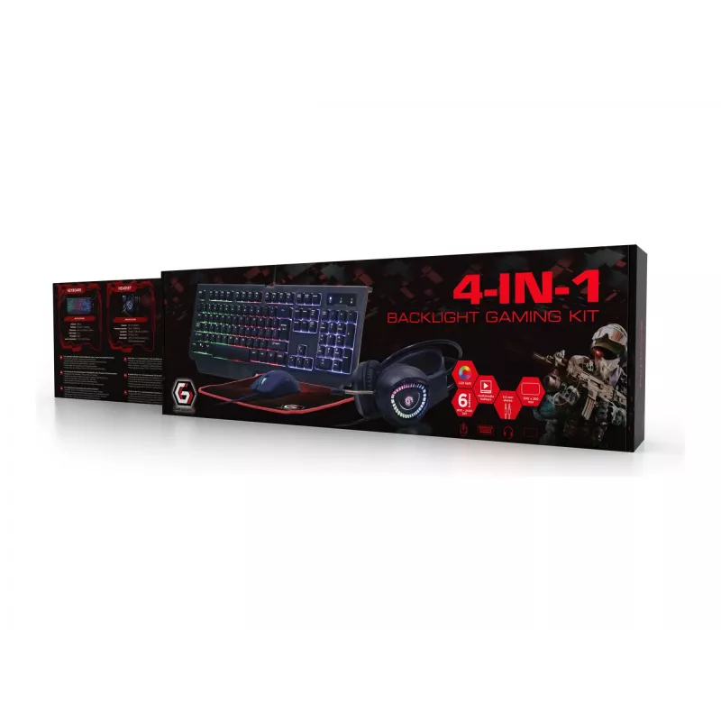 Gembird GGS-UMGL4-01 Phantom kit gaming 4 en 1 retroiluminado (teclado, ratón, auriculares, alfombrilla de ratón), con cable USB, distribución US, negro