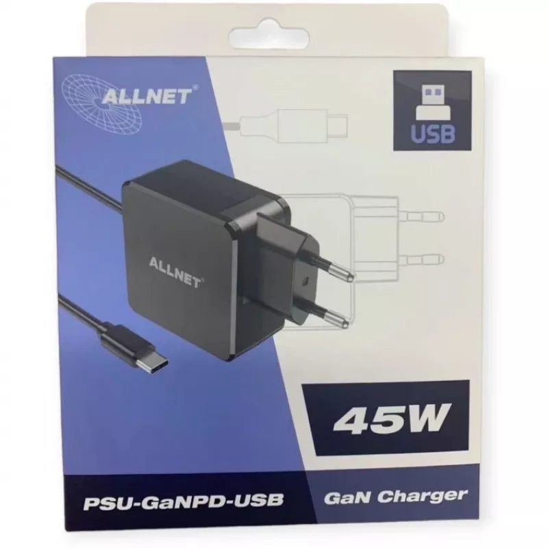 Fuente de alimentación ALLNET PSU-GaNPD-USB-F1C-45W cargador USB-C PD de 45W con cable de 2 m y enchufe EU