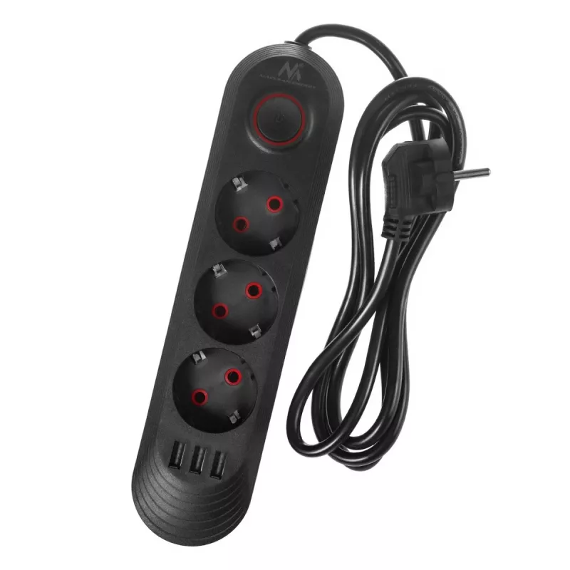 Regleta de enchufes MACLEAN MCE394 B — 3 tomas + 3×USB A, 110–240V, 2,1A USB, 2500W, cable 1,5 m, negro