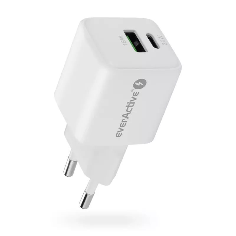Cargador de pared everActive SC-330Q con 1x USB-A y 1x USB-C, 20W, blanco