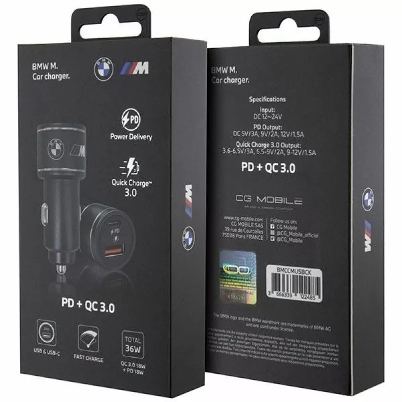 Cargador de coche 20W PD-QC 3.0 carga rápida negro