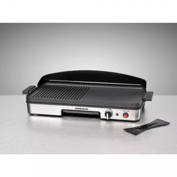 Parrilla eléctrica de mesa Rommelsbacher BBQ 2003 — 1900 W, 50×25 cm, estriada + teppanyaki, termostato continuo, plateado/negro