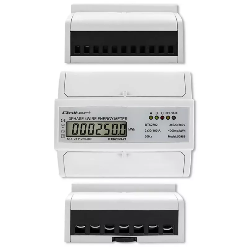 Contador electrónico bidireccional trifásico Qoltec | Contador de consumo eléctrico para carril DIN | 400V | 100A | LCD | 4P