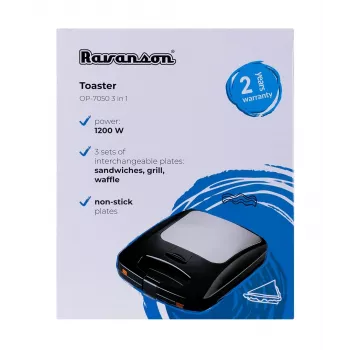 Sandwichera 3 en 1 Ravanson OP-7050, 1200 W, negro/plateado