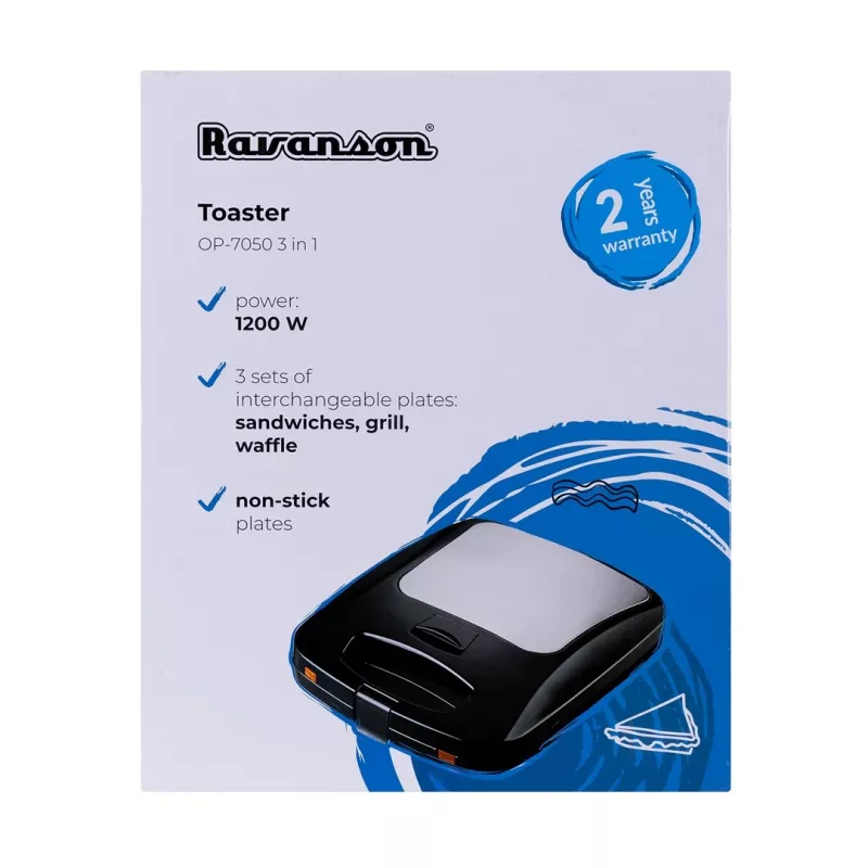 Ravanson OP-7050 Sandwichera 3 en 1, 1200 W, Negro/Plata