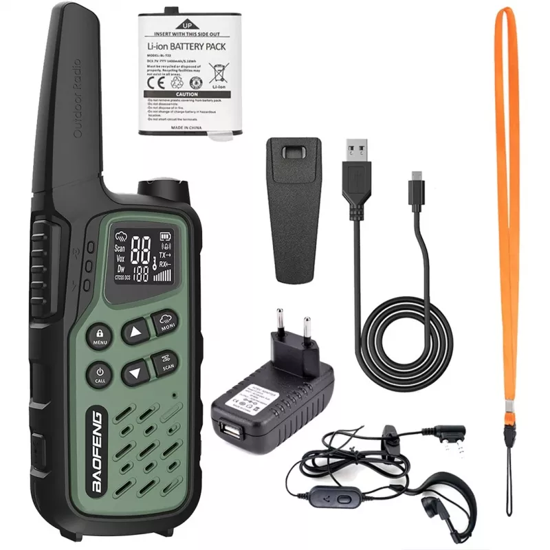 Emisora portátil Baofeng BF-T25E — 16 canales, 2×1400 mAh Li‑Ion, VOX, LCD, verde, set de 2