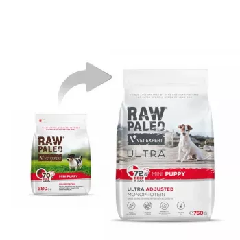 Comida seca para perros VETEXPERT RAW PALEO Ultra Mini Puppy Beef 750 g — sin cereales, proteína 30,5 %, grasa 16,5 % para razas pequeñas (5–10 kg)
