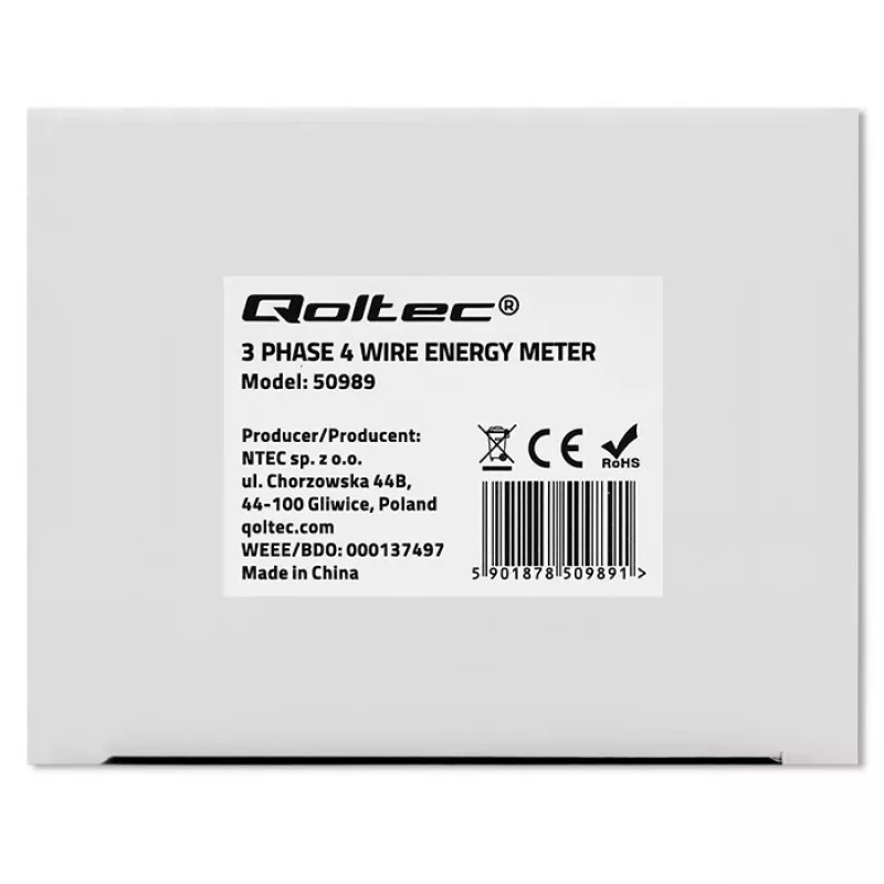 Contador electrónico bidireccional trifásico Qoltec | Contador de consumo eléctrico para carril DIN | 400V | 100A | LCD | 4P