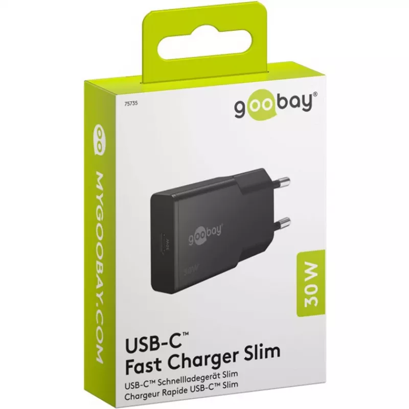 Goobay cargador rápido USB-C™ PD GaN delgado (30 W) negro