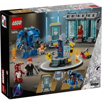 LEGO Marvel Laboratorio Armería de Iron Man 76315 set de juego – 384 piezas, 5 minifiguras, zona de exposición