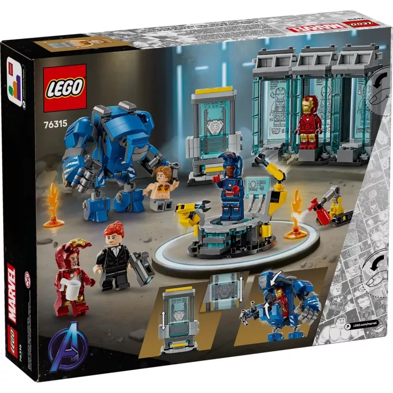 LEGO Marvel Laboratorio Armería de Iron Man 76315 set de juego – 384 piezas, 5 minifiguras, zona de exposición