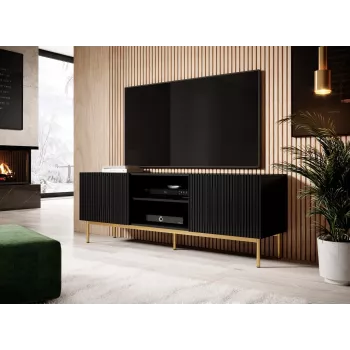 Mueble de TV Cama PAFOS sobre estructura de acero dorada 150x40x60 cm negro mate, tablero de partículas