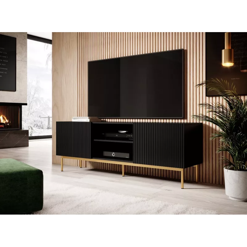 Mueble de TV Cama PAFOS sobre estructura de acero dorada 150x40x60 cm negro mate, tablero de partículas