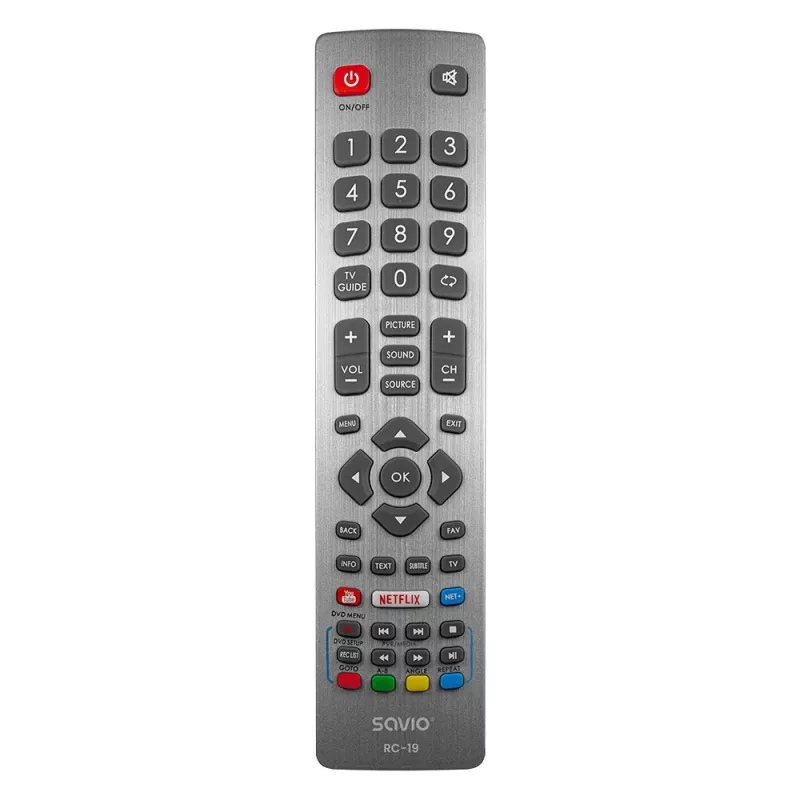Mando a distancia universal SAVIO RC-19 para Sharp, 47 botones, gris, alcance 10 m, carcasa de plástico