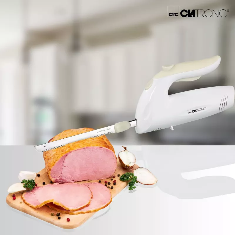Cuchillo eléctrico CLATRONIC EM 3062, cortador de alimentos manual, blanco, cuchillas de acero inoxidable, 160 W