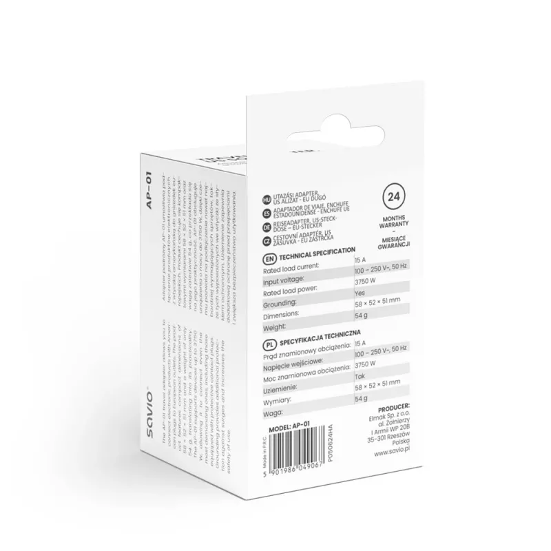 Adaptador de viaje SAVIO AP-01, enchufe US – conector EU